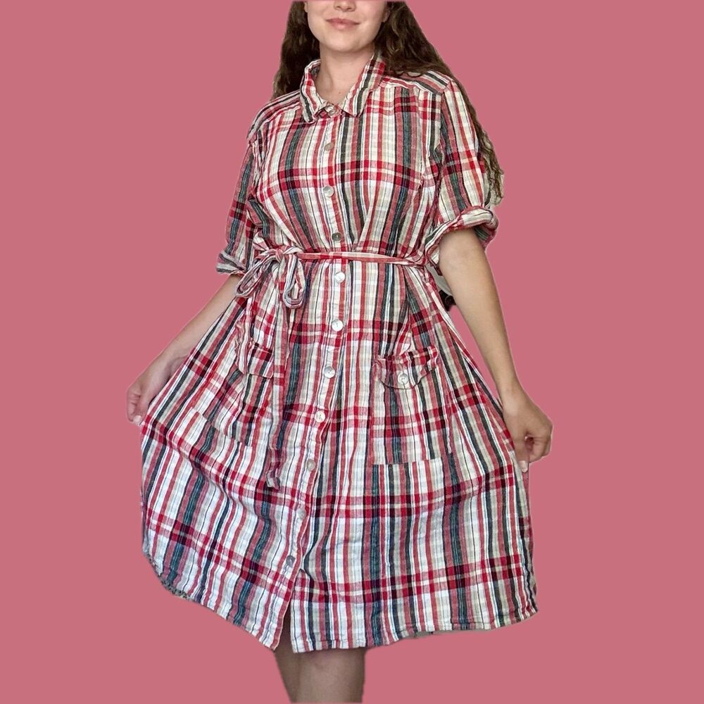 90s White Stag Plaid Linen Blend Belted Shirt Dress